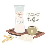 maar eerste koffie. ochtend- melk en koffie. knus herfst dagen concept. vector illustratie