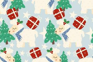 Kerstmis naadloos patroon Aan blauw achtergrond.naadloos patroon van alpaca.cadeau,boom,ster.cartoon karakter hand- getrokken vector illustratie.vrolijk Kerstmis concept ontwerp voor textuur, stof, kleding.