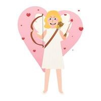 schattig engel van liefde met boog en pijl, Valentijn dag mascotte - Cupido met Vleugels, meisje met blond haar- Aan hart vorm achtergrond vector