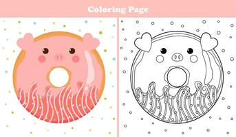afdrukbare kleur bladzijde voor kinderen met zoet varken vorm donut met suikerglazuur en chocola in tekenfilm stijl, spel voor kinderen boeken vector