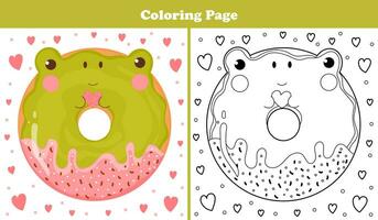 afdrukbare kleur bladzijde voor kinderen met zoet kikker vorm donut met suikerglazuur en chocola in tekenfilm stijl, spel voor kinderen boeken vector