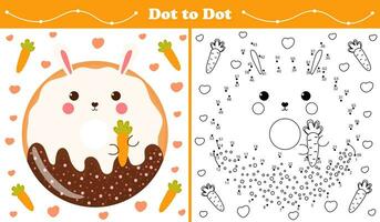 leerzaam kleur bladzijde met punt naar punt puzzel voor kinderen met konijn of konijn vorm zoet donut in tekenfilm stijl, afdrukbare werkblad in kinderachtig stijl voor kinderen boeken vector