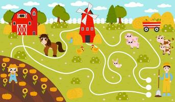 vind manier spel voor kinderen met boer en paard, schuur en windmolen, oogst en dieren, afdrukbare werkblad vector