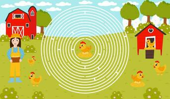 afdrukbare cirkel doolhof voor kinderen met meisje Holding mand met eieren, helpen naar vind Rechtsaf manier naar kip, landbouw themed labyrint voor kinderen in tekenfilm stijl vector