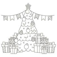 Kerstmis boom en cadeaus thema kleur bladzijde voor kinderen en volwassenen vector