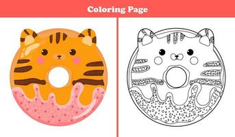 afdrukbare kleur bladzijde voor kinderen met zoet tijger of rood kat vorm donut met suikerglazuur en chocola in tekenfilm stijl, spel voor kinderen boeken vector