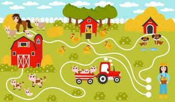 vind manier spel voor kinderen met boer meisje en paard, schuur en hondehok, trekker en dieren, afdrukbare werkblad met boerderij thema in tekenfilm stijl vector