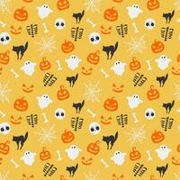 halloween naadloos patroon met geesten skelet pompoenen katten en spinnenweb Aan geel achtergrond vector