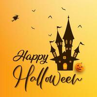 gelukkig halloween kaart achtergrond illustratie met achtervolgd huis en halloween tekst vector