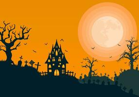 halloween banier of uitnodiging kaart achtergrond met griezelig nacht landschap van oud begraafplaats en betoverd huis vector