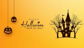 halloween banier achtergrond met hangende halloween elementen en halloween huis met dood bomen vector