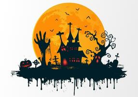 gelukkig halloween kaart achtergrond illustratie met zombie hand- en halloween huis tegen groot vol maan vector