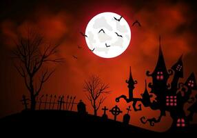 halloween donker rood eng achtergrond met begraafplaats en achtervolgd boom huis vector