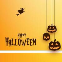 gelukkig halloween achtergrond met hangende halloween elementen Leuk vinden pompoenen schedels en halloween wens tekst vector