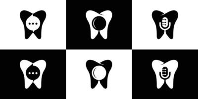 logo ontwerp tandheelkundig en vergroten glas, toespraak bubbel en podcast icoon vector illustratie