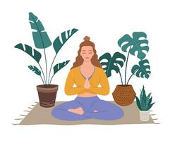 mooi vrouw mediteren in een kamer omringd door planten. inspirerend illustratie voor yoga. vector illustratie in vlak minimalistisch stijl. monstera en palm boom.