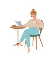 jong vrouw lezing een boek en drinken koffie in een Parijse cafe. vlak modern tekenfilm illustratie van vrouw zittend Aan een typisch Frans stoel, gekleed in een knus warm trui en modieus jeans. vector