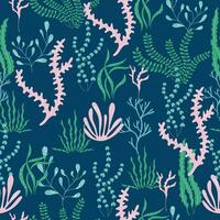 helder naadloos patroon met hand- getrokken onderwater- planten. golvend zeewier en koralen vector ontwerp Aan blauw achtergrond.