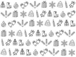 Kerstmis icoon reeks met sneeuwvlokken, hoeden, ster, Kerstmis boom, ballen, oranje, sok, geschenk, drinken en slingers. vector pictogrammen voor bedrijf en vakantie