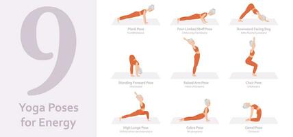 yoga poses voor energie. ouderen vrouw beoefenen yoga asana. gezond levensstijl. vol lichaam yoga, fitheid, aëroob en opdrachten training. vlak tekenfilm karakter. vector illustratie