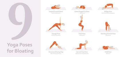 yoga poses voor opgeblazen gevoel. ouderen vrouw beoefenen yoga asana. gezond levensstijl. vol lichaam yoga, fitheid, aëroob en opdrachten training. vlak tekenfilm karakter. vector illustratie