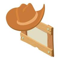 cowboy hoofdtooi icoon isometrische vector. bruin leer cowboy hoed Aan houten bord vector