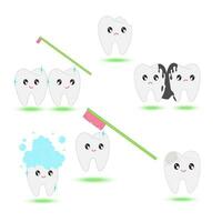 vector reeks van kawaii tanden, tandenborstels, tandpasta en mono-straal borstel. tanden met verschillend emoji. schattig tekenfilm karakters. tandheelkundig zorg concept.