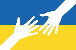 ondersteuning Oekraïne. helpen, opslaan, bidden voor. twee handen kleuren van Oekraïne vlag. hou op oorlog. blauw en geel. vector
