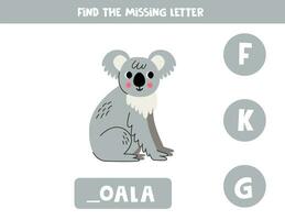 vind missend brief met tekenfilm koala. spelling werkblad. vector