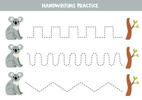 traceren lijnen voor kinderen. schattig koala en eucalyptus. handschrift praktijk voor kinderen. vector