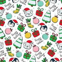 naadloos Kerstmis patroon met schattig polair beer, pinguïn, cadeaus en Kerstmis boom met decoraties vector