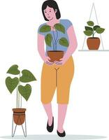 vrouw tuinders zorgzaam voor kamerplanten illustratie vector