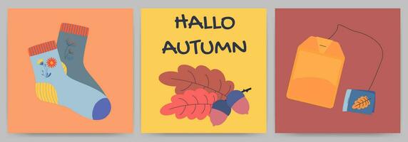 hallo herfst. groet kaarten of posters reeks met kalligrafie. vector