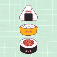 vlak ontwerp vector schattig kawaii kleurrijk sushi Japans voedsel illustratie verzameling