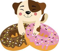 grappig hond met aardbei en chocola donuts vector