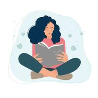 vrouw lezing concept. jong positief vrouw zittend met een boek. vlak tekenfilm vector illustratie.