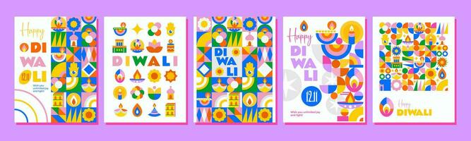 5 gelukkig diwali affiches. helder ontwerp in mozaïek- stijl, veel van lichten, bloemen en feestelijk elementen. perfect net zo een groet, omslag, behang en veel meer vector