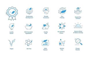 biologisch en. duurzame Product pictogrammen. deze bundel omvatten pictogrammen voor producten en praktijken dat zijn eco vriendelijk, maatschappelijk bewust, en ondersteuning duurzame ontwikkeling. vector