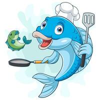 tekenfilm vis chef Holding een frituren pan en spatel vector