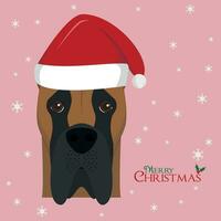 Kerstmis groet kaart. Super goed dane hond met rood santa's hoed vector