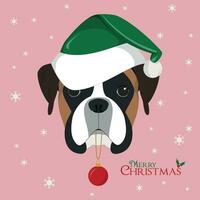 Kerstmis groet kaart. bokser hond met groen santa's hoed en Kerstmis speelgoed- bal vector