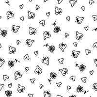 doodle aardbeien, bloemen en harten monochroom naadloos patroon vector