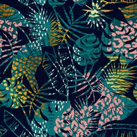 Trendy naadloze exotische patroon tropische planten, dierlijke prints en hand getrokken texturen. vector