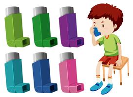 Jongen met astma met verschillende astma-inhalatoren vector