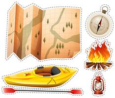Camping sticker set met kano en kaart vector