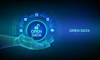 Open gegevens databank icoon in robot hand. digitaal het dossier opslagruimte systeem software. online documentatie databank technologie concept Aan virtueel scherm. dms. integratie api. vector illustratie.