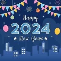 gelukkig nieuw jaar 2024 ontwerp met vuurwerk, ballons, sterren Aan een donker blauw achtergrond voor spandoeken, affiches, kalenders en meer. vector