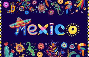 Mexico belettering banier tropisch bloemen, sombrero vector