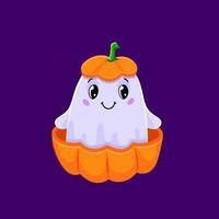 tekenfilm schattig halloween geest kijkje uit van pompoen vector