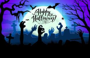 halloween middernacht begraafplaats met zombie handen vector
